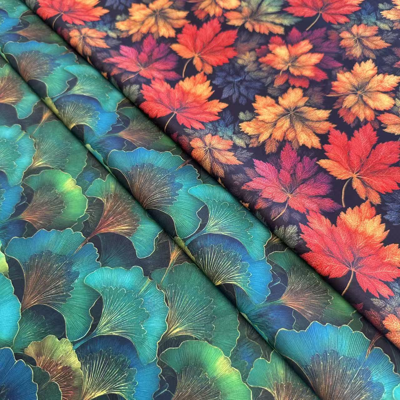 Leaf Themed Printed Fabric With Dark Maple Leaves Pattern