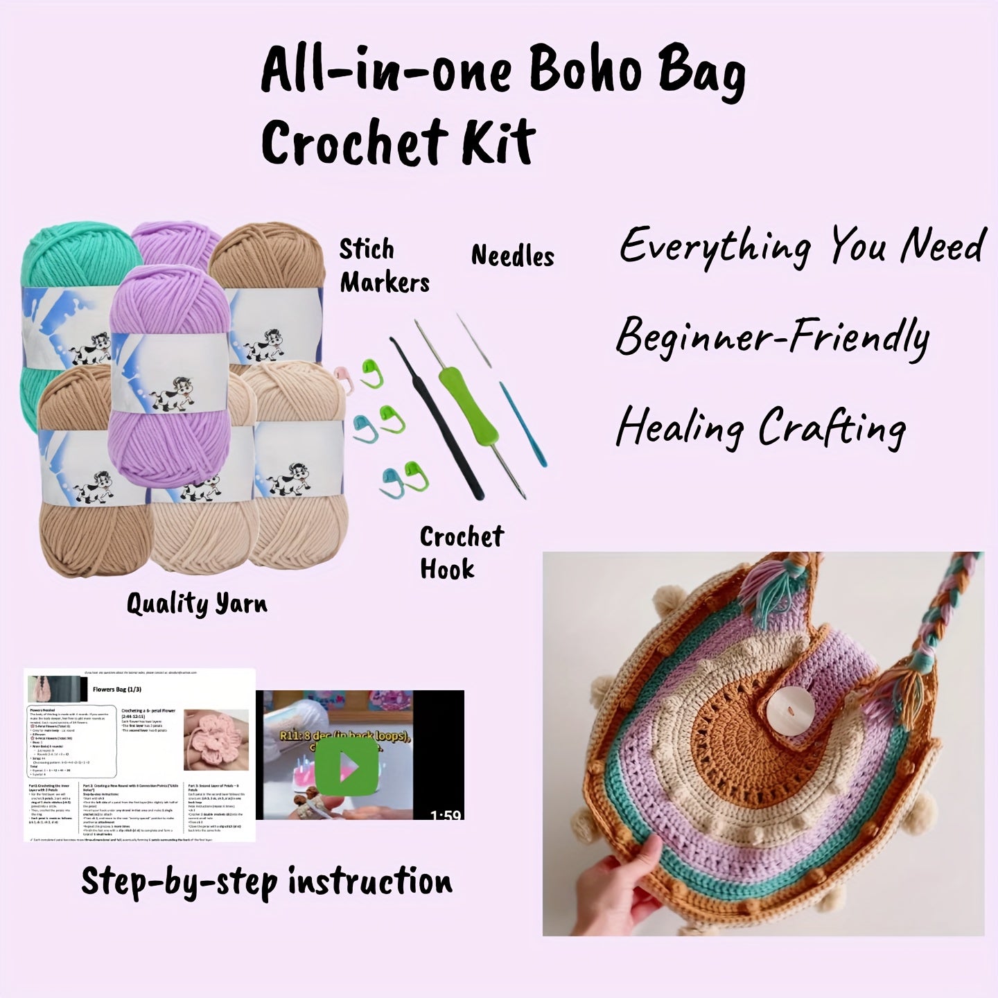 Boho Crochet Bag Making Kit With All Materials Included