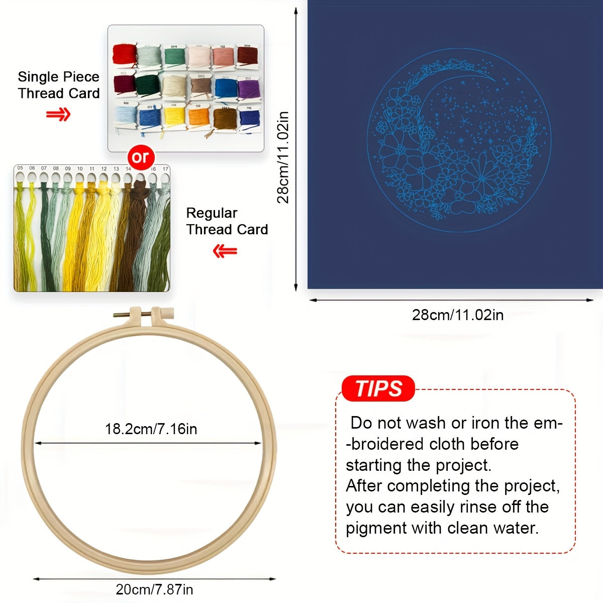 1pc Embroidery Kit, 20x20cm/7.9x7.9 Inches Moonflower Pattern Handmade Embroidery Kit for Adults and Beginners, Includes Fabric, Manual, Frame & Needle, Office Handmade Artwork