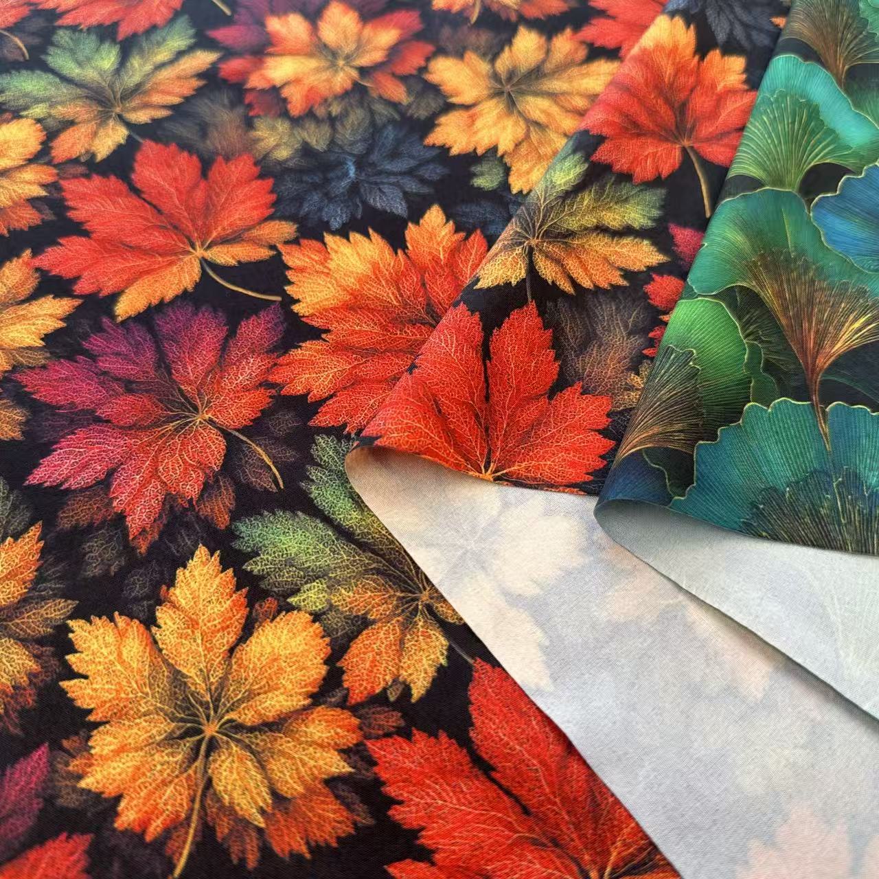 Leaf Themed Printed Fabric With Dark Maple Leaves Pattern